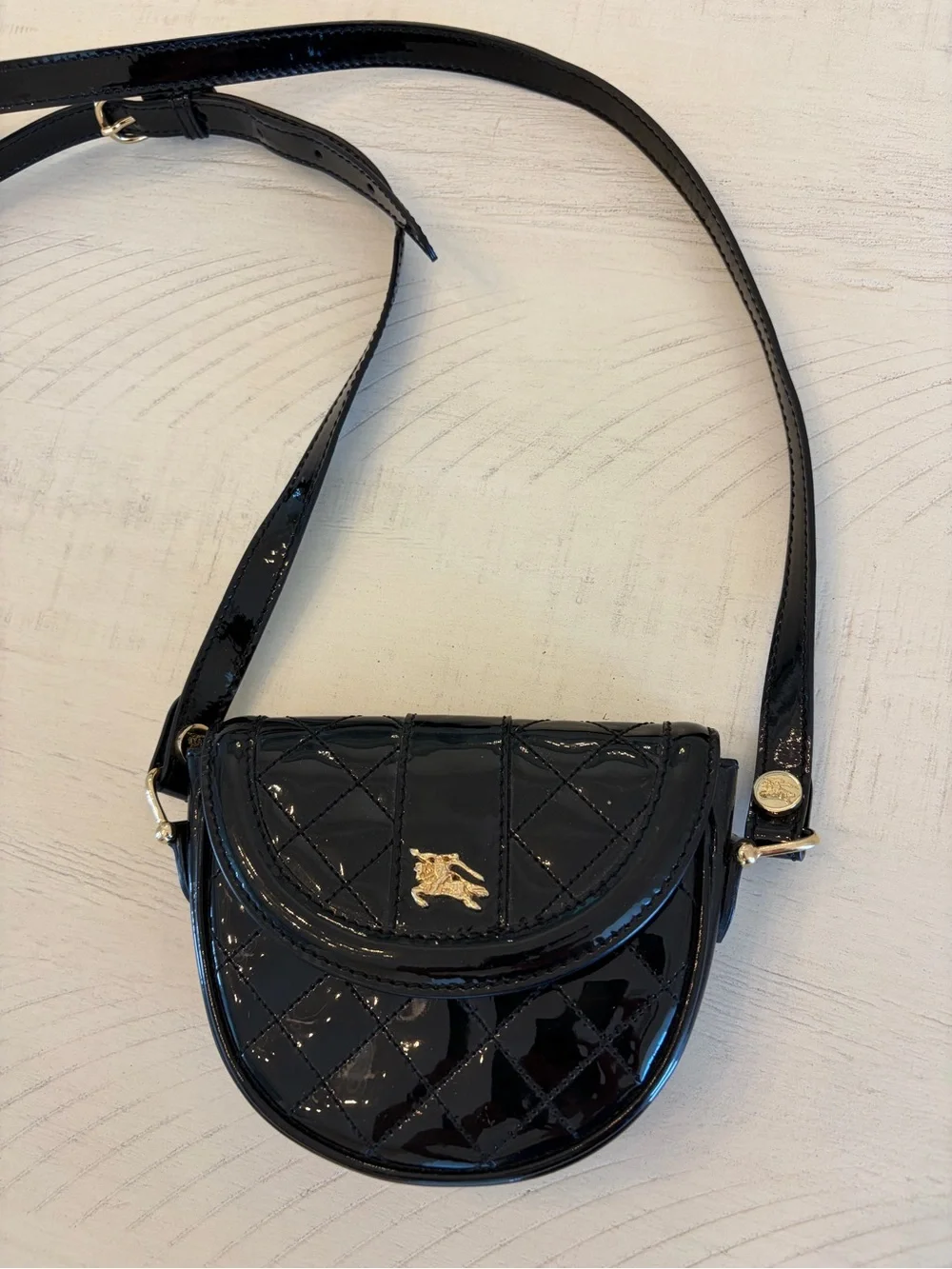 Burberry Black Patent Quilted Crossbody Bag with Gold Hardware